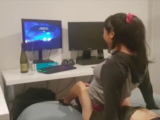 Gamer young woman face sitting farts