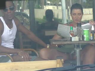 Cheating Wife &num;4 Part 3 - Hubby shows me outside a cafe Upskirt Flashing and having an Interracial affair with a Black Man&excl;&excl;&excl;